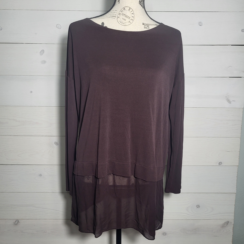 Eileen Fisher Silk Top Chocolate Brown Sheer Hem Flowy Chic Long Sleeve.